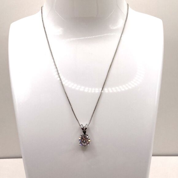 Sterling Silver Large Faceted Clear Crystal Solitaire Pendant and Chain Necklace - Picture 1 of 7